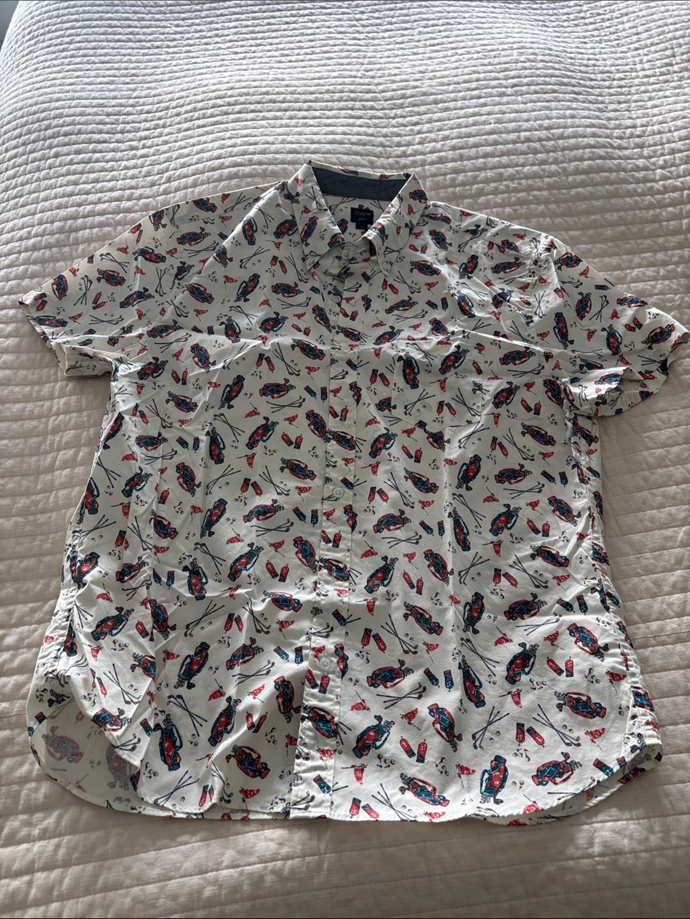 J. Crew White Short-Sleeve Button-Down with Red & Blue Golf Print
